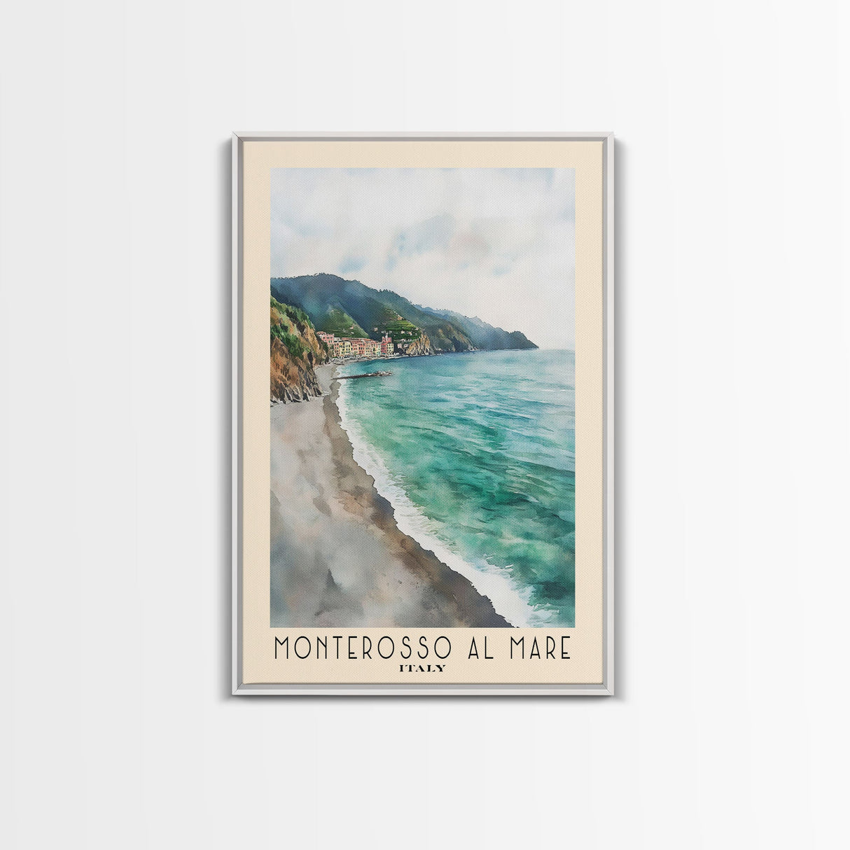 Monterosso al Mare, Italy Watercolor Print, Vacation Gift, Italy Wall Art, Beach Painting, Beach Decor, Large Wall Art, Wood Frame Art