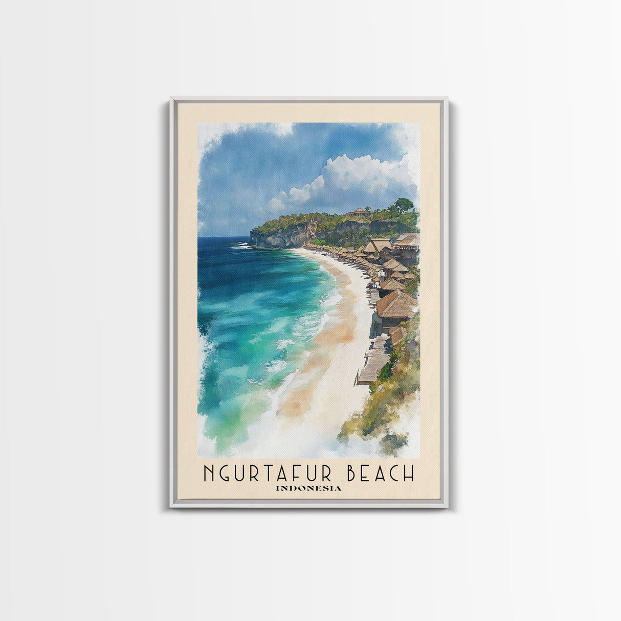 Ngurtafur Beach, Indonesia Watercolor Beach Print, Vacation Gift, Indonesia Wall Art, Framed Canvas Print, Framed Beach Painting