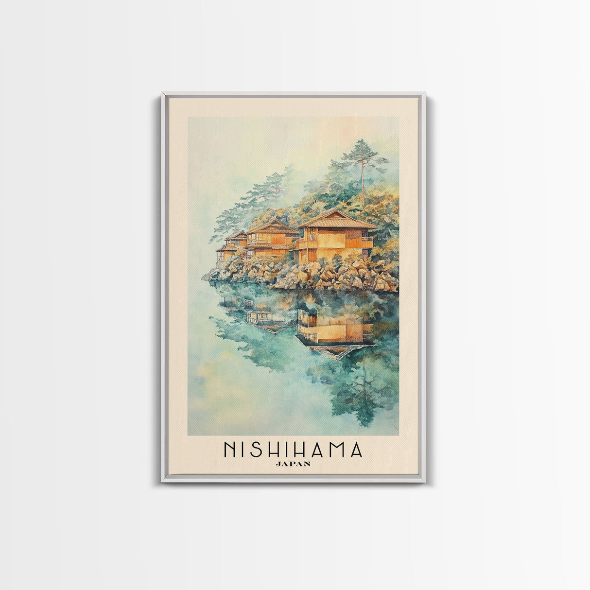 Nishihama, Japan Watercolor Beach Print, Vacation Gift, Japan Wall Art, Framed Canvas Print, Framed Beach Painting