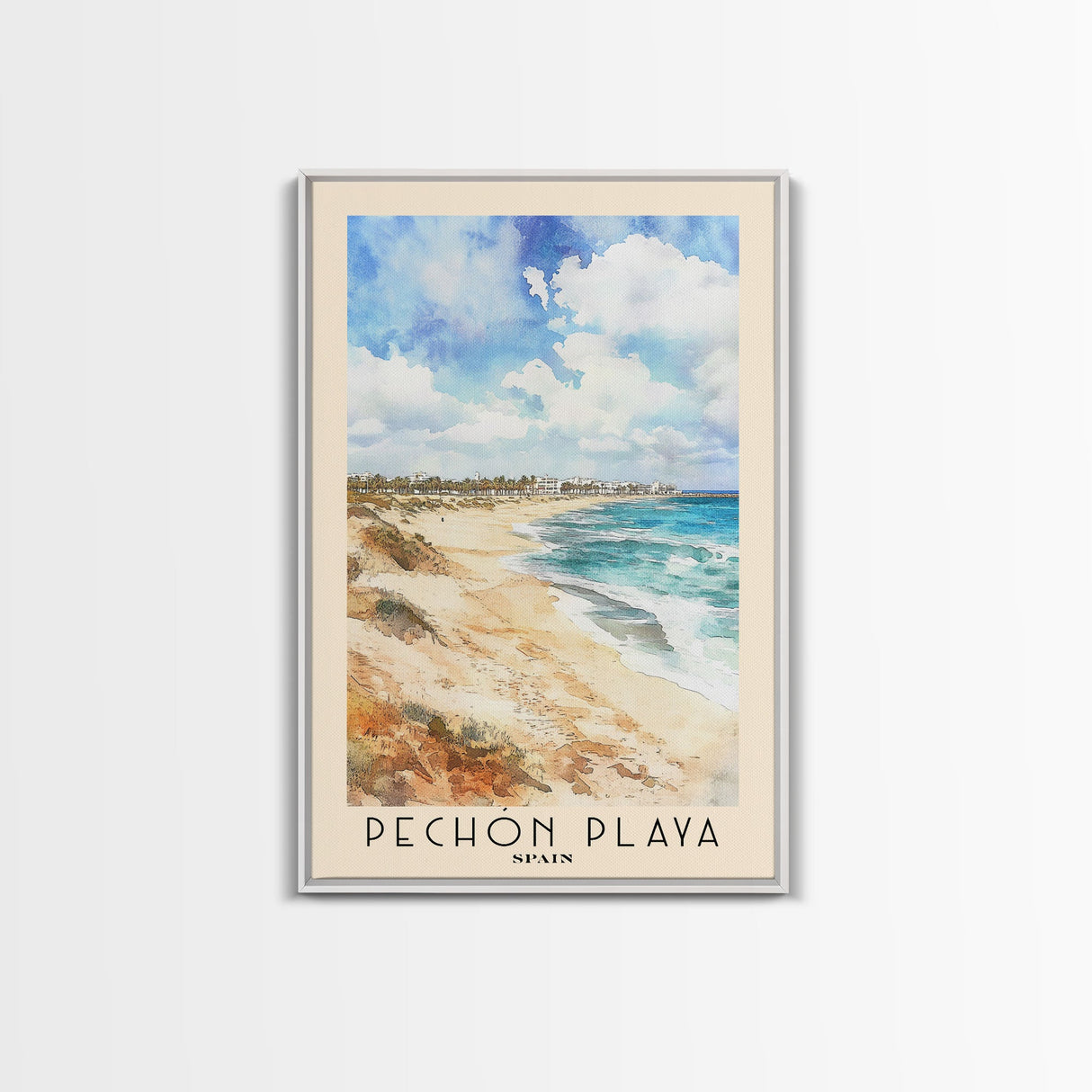 Pechón Playa, Spain Watercolor Print, Vacation Gift, Spain Wall Art, Beach Painting, Beach Decor, Large Wall Art, Wood Frame Art