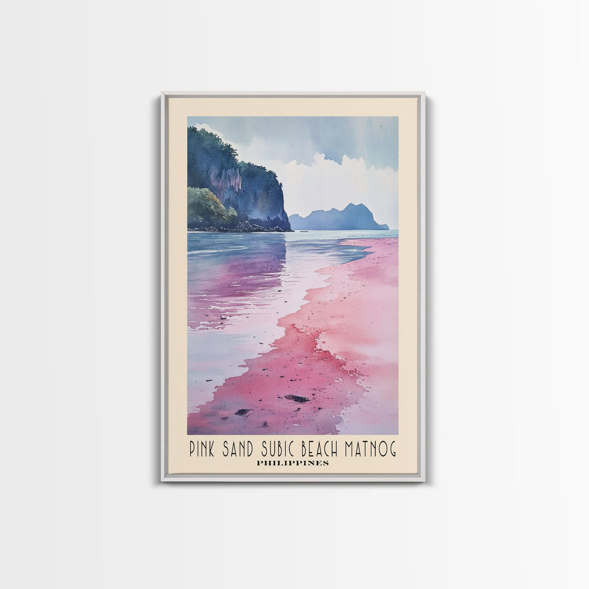 Pink sand Subic beach Matnog, Philippines Watercolor Print, Vacation Gift, Philippines Wall Art, Beach Painting, Beach Decor, Large Wall Art, Wood Frame Art