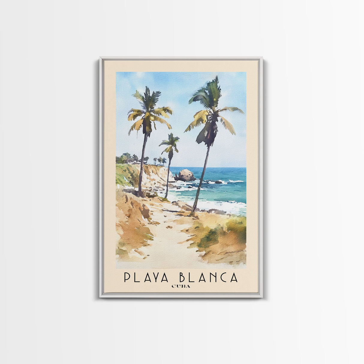 Playa Blanca, Cuba Watercolor Beach Print, Vacation Gift, Cuba Wall Art, Framed Canvas Print, Framed Beach Painting