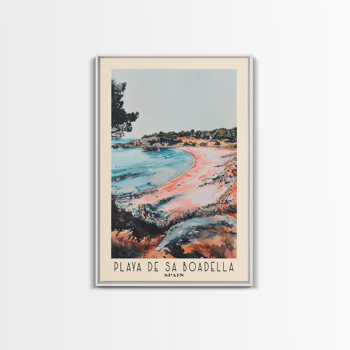 Playa de Sa Boadella, Spain Watercolor Print, Vacation Gift, Spain Wall Art, Beach Painting, Beach Decor, Large Wall Art, Wood Frame Art