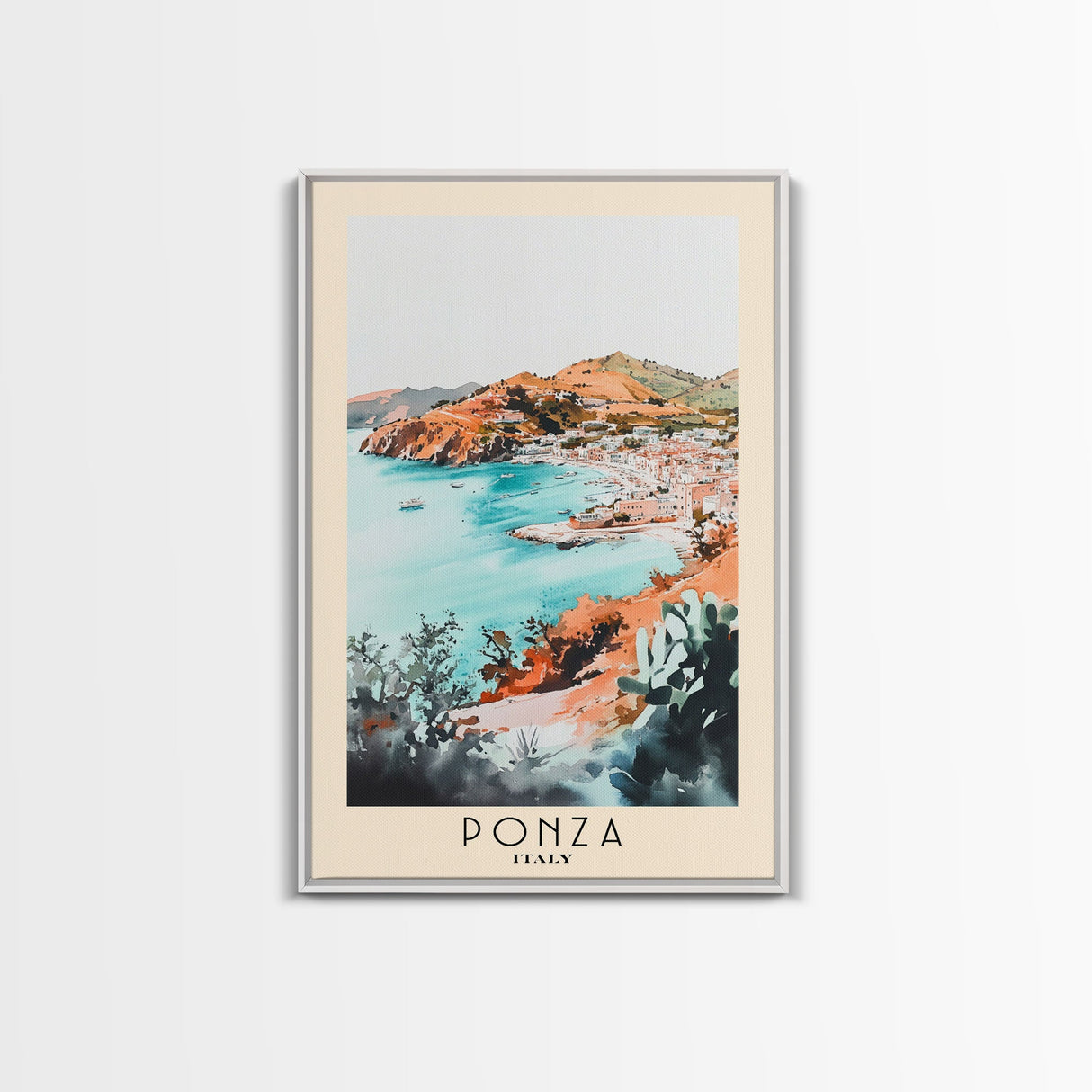 Ponza, Italy Watercolor Beach Print, Vacation Gift, Italy Wall Art, Framed Canvas Print, Framed Beach Painting