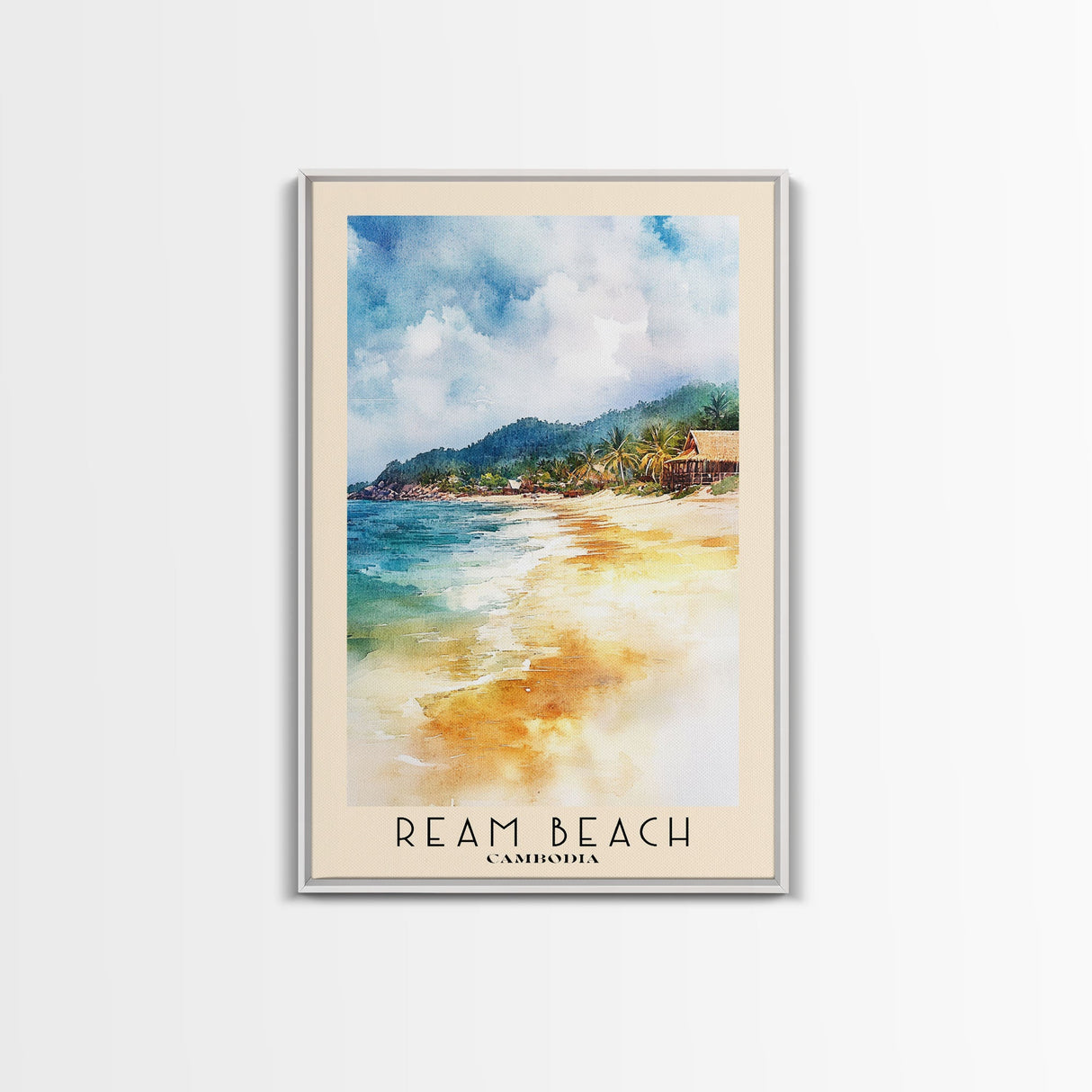 Ream Beach, Cambodia Watercolor Print, Vacation Gift, Cambodia Wall Art, Beach Painting, Beach Decor, Large Wall Art, Wood Frame Art