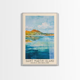 Saint Martin Island, France and Holland Watercolor Beach Print, Vacation Gift, France and Holland Wall Art, Framed Canvas Print, Framed Beach Painting