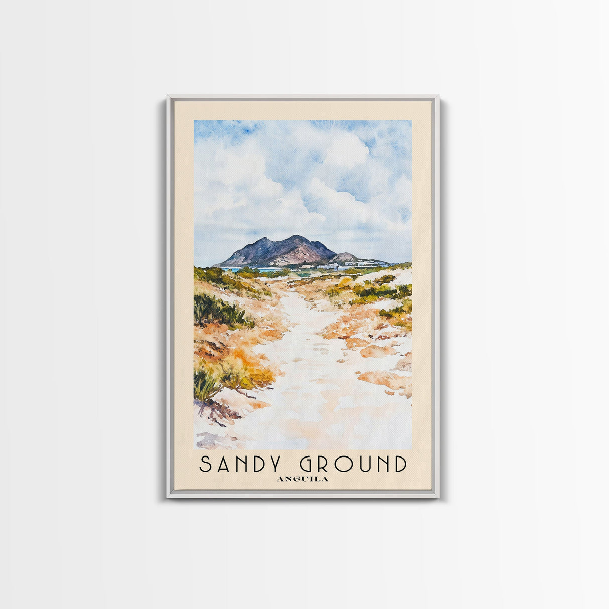 Sandy Ground, Anguila Watercolor Beach Print, Vacation Gift, Anguila Wall Art, Framed Canvas Print, Framed Beach Painting