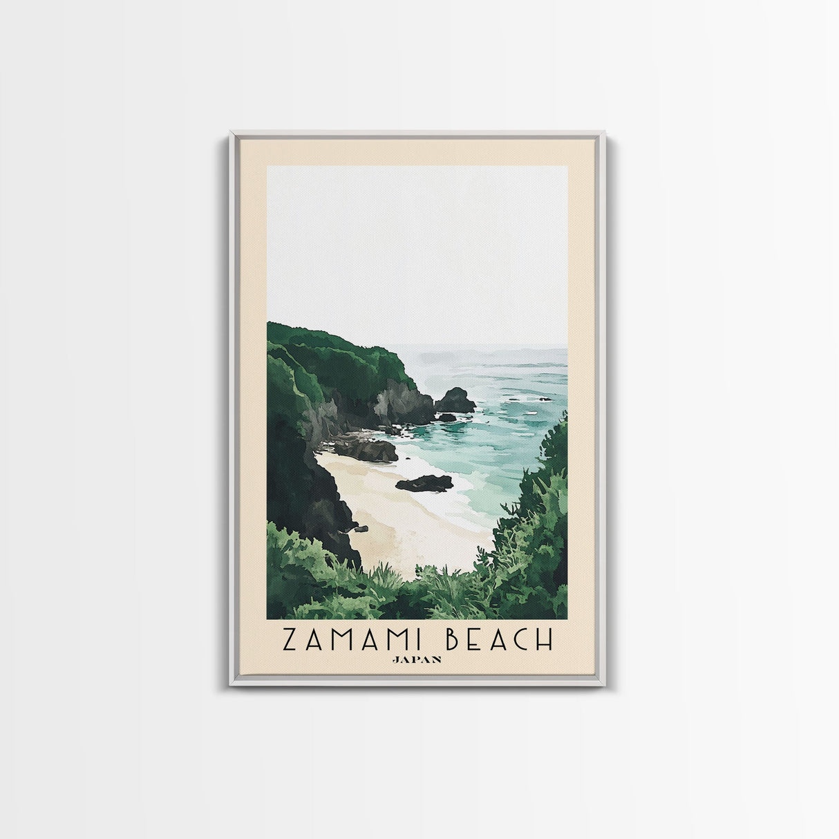 Zamami Beach, Japan Watercolor Beach Print, Vacation Gift, Japan Wall Art, Framed Canvas Print, Framed Beach Painting