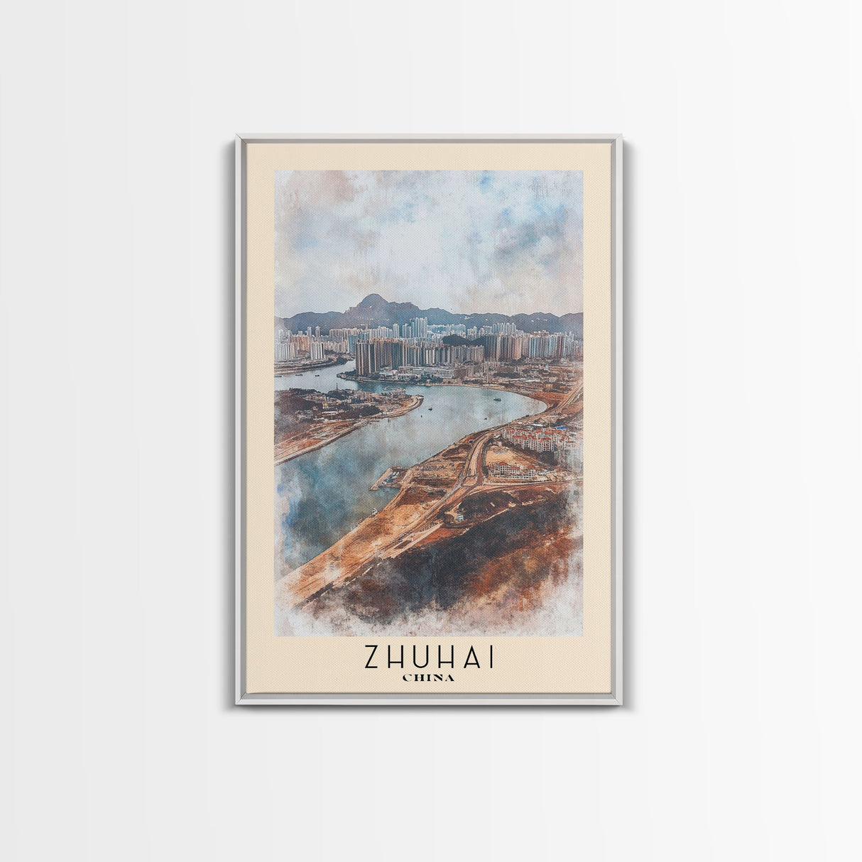 Zhuhai, China Watercolor Print, Vacation Gift, China Wall Art, Beach Painting, Beach Decor, Large Wall Art, Wood Frame Art