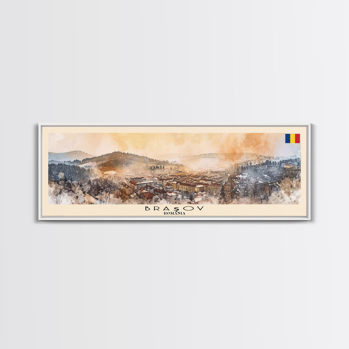 Brasov Romania Panoramic Travel Poster, Framed Canvas Print or Metal Wall Art, Travel Art, Home Decor, Panoramic Painting, Midcentury Art