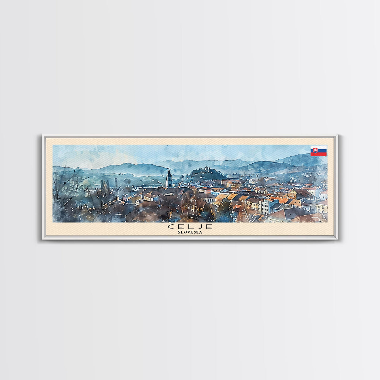 Celje Slovenia Panoramic Travel Poster, Framed Canvas Print or Metal Wall Art, Travel Art, Home Decor, Panoramic Painting, Midcentury Art