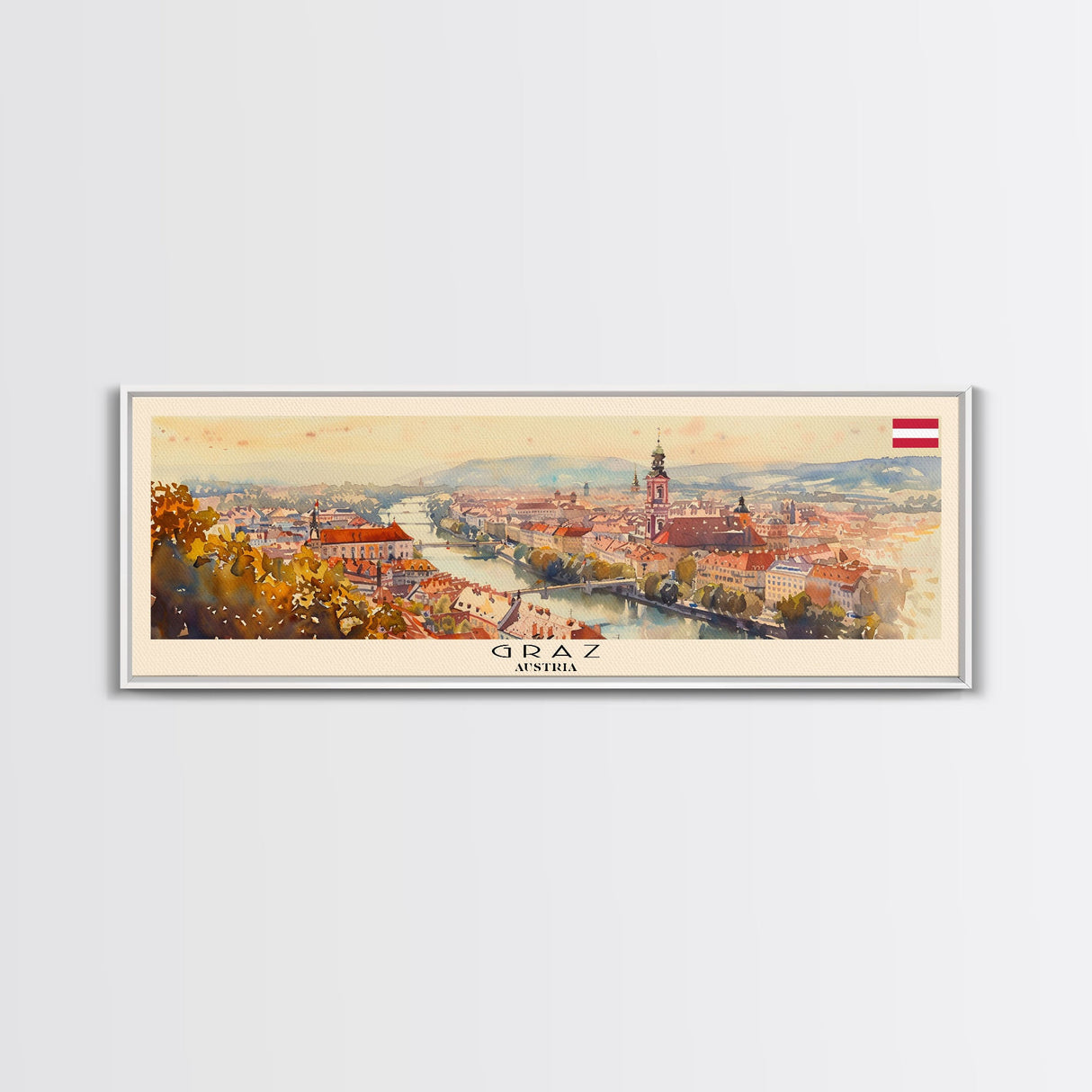 Graz Austria Wall Art, Panoramic Travel Poster, Panoramic Framed Canvas Print, City Wall Art, Wall Hanging Home Decor, Travel Art