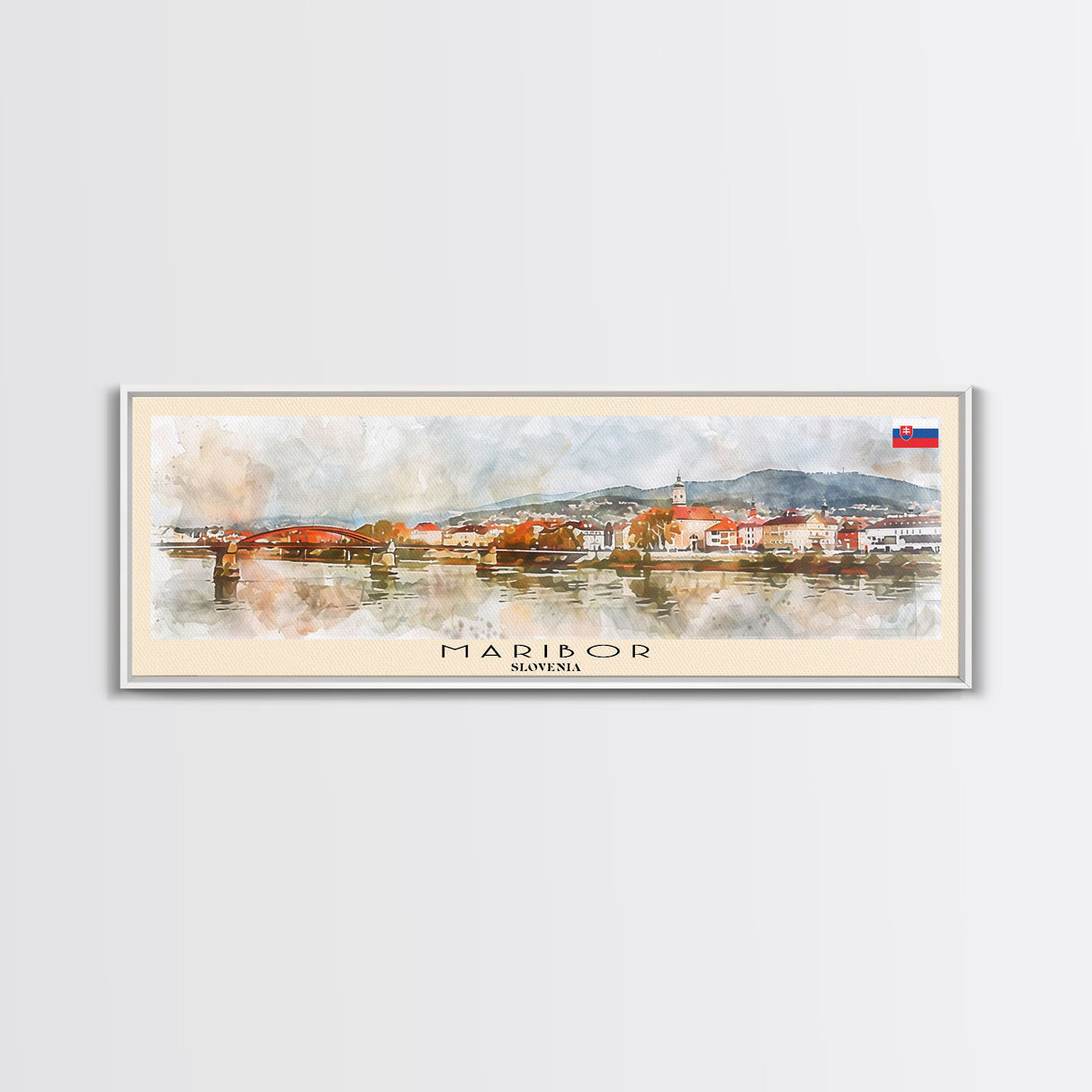 Maribor Slovenia Panoramic Travel Poster, Framed Canvas Print or Metal Wall Art, Travel Art, Home Decor, Panoramic Painting, Midcentury Art