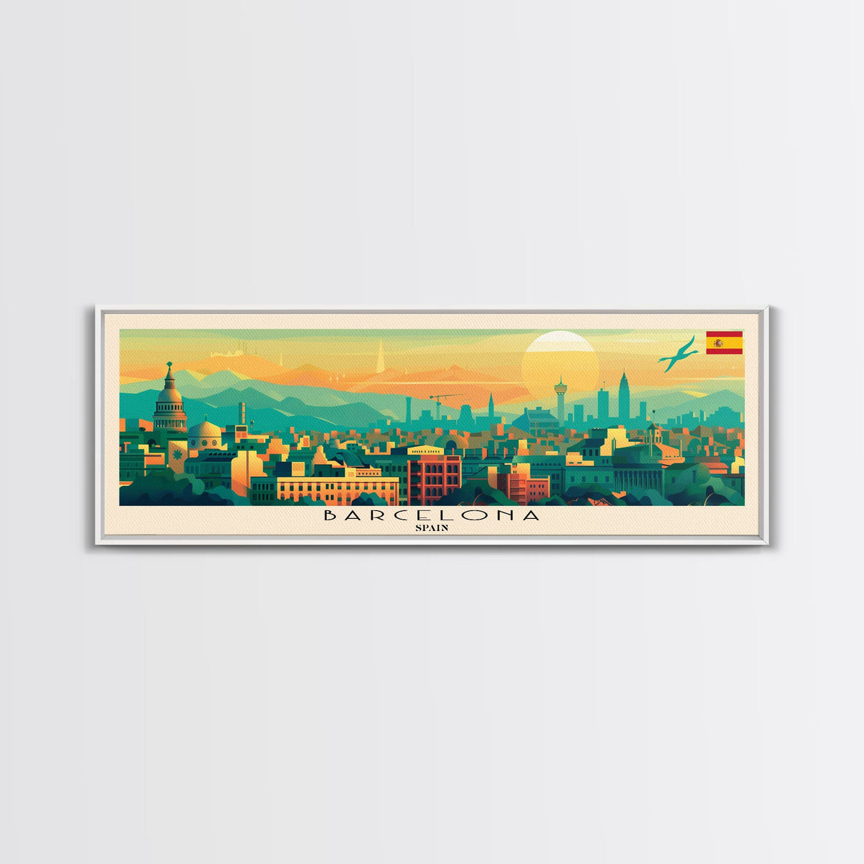 Barcelona Spain Travel Print Wall Art, Panoramic City Art, Travel Art, Wall Decor, Vacation Gift, Framed Canvas Print Or Metal Art