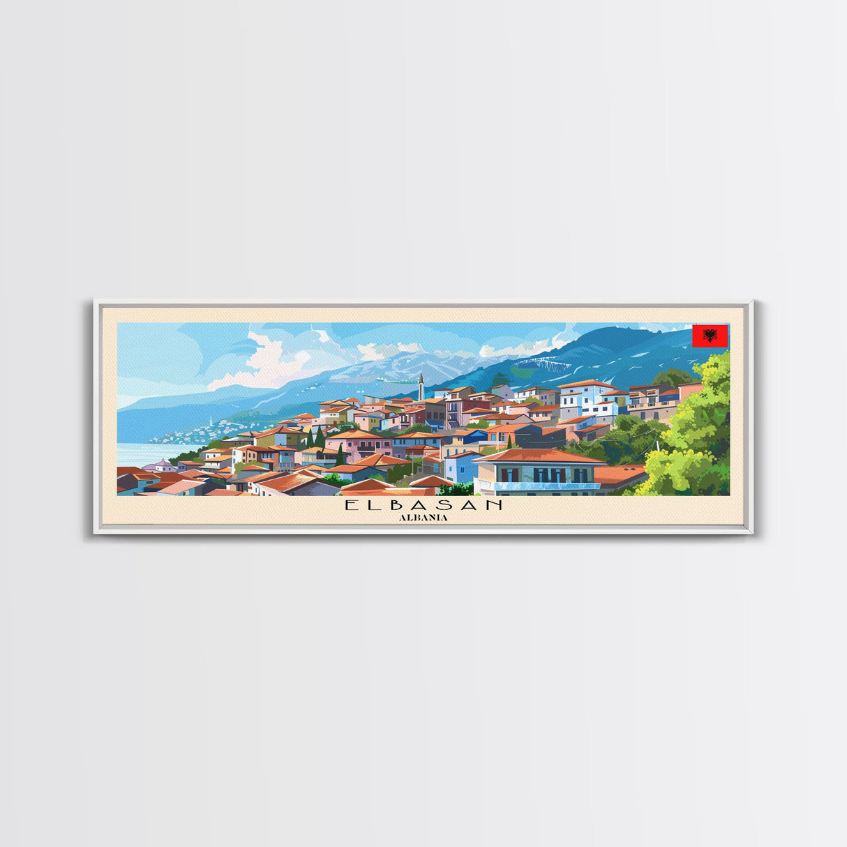 Elbasan Albania Travel Print Wall Art, Panoramic City Art, Travel Art, Wall Decor, Vacation Gift, Framed Canvas Print Or Metal Art