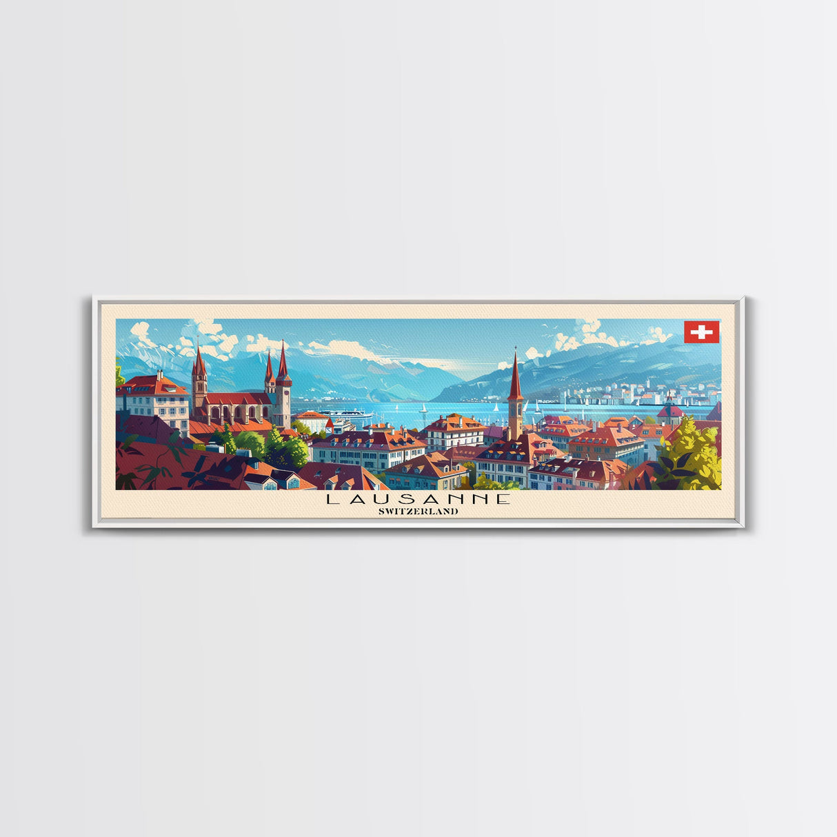 Lausanne Switzerland Travel Art, City Art, Framed Canvas Print or Metal Wall Art, Europe Travel Poster, Panoramic Wall Art, Extra Wide Wall Art