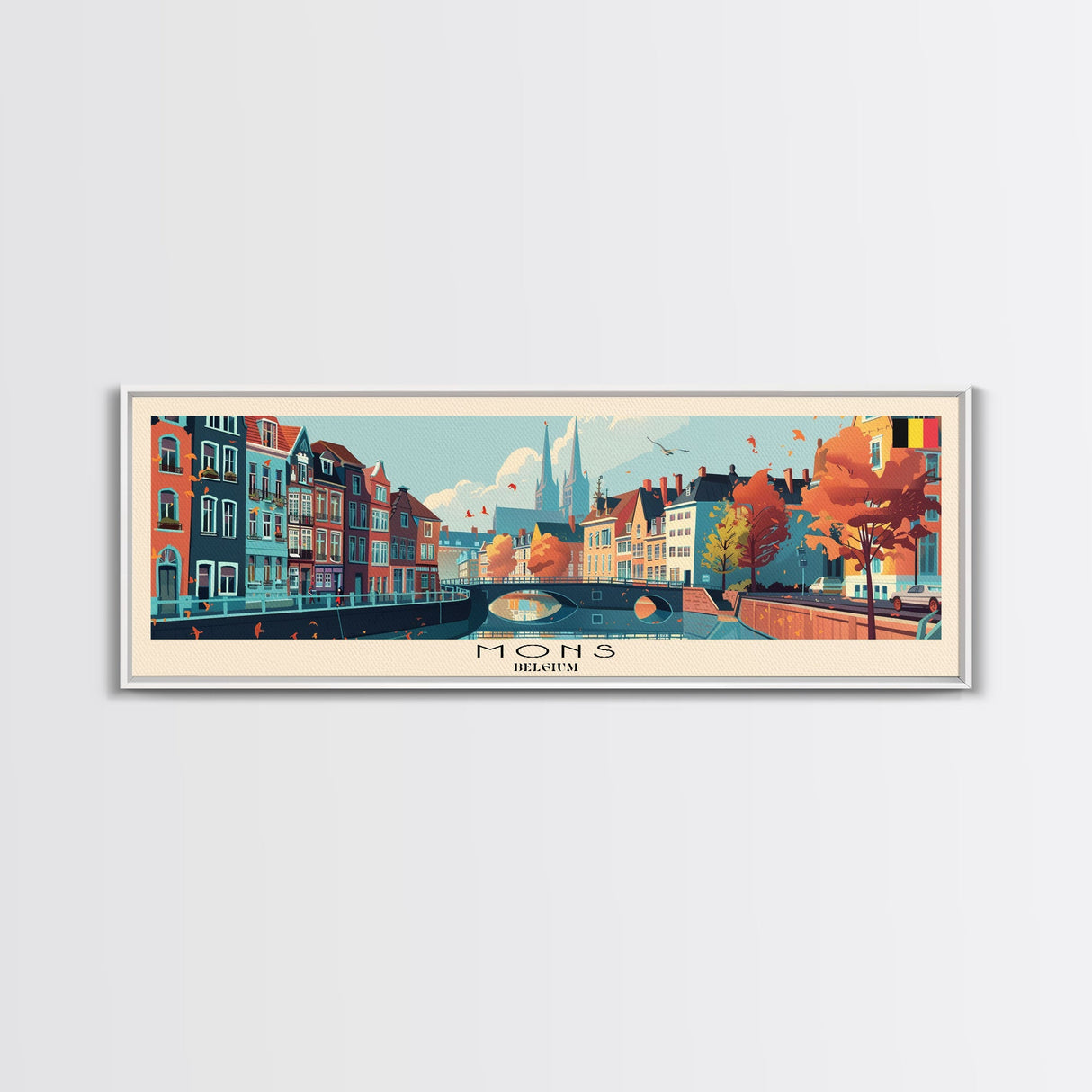 Mons Belgium Panoramic Travel Poster, Framed Canvas Print or Metal Wall Art, Travel Art, Home Decor, Panoramic Painting, Midcentury Art