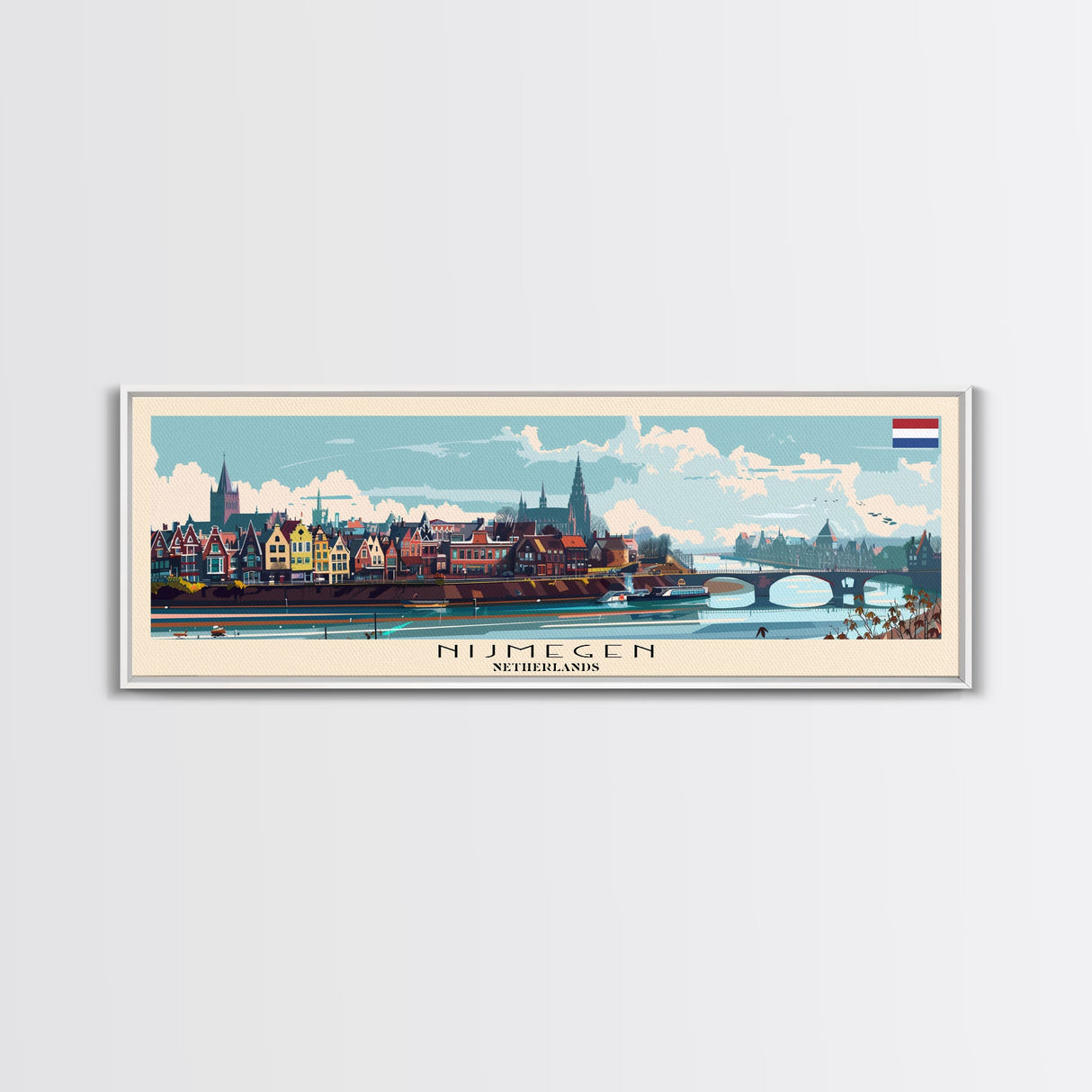 Nijmegen Netherlands Panoramic Travel Poster, Framed Canvas Print or Metal Wall Art, Travel Art, Home Decor, Panoramic Painting, Midcentury Art