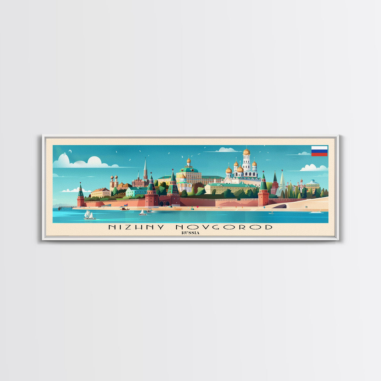 Nizhny Novgorod Panoramic Travel Poster, Framed Canvas Print or Metal Wall Art, Travel Art, Home Decor, Panoramic Painting, Midcentury Art