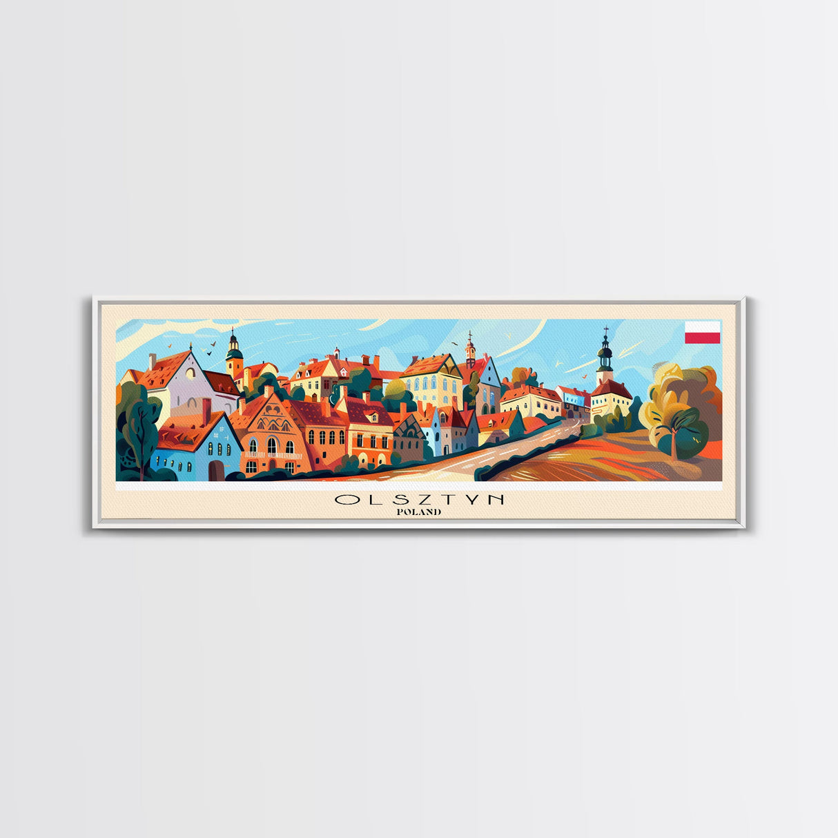 Olsztyn Poland Panoramic Travel Poster, Framed Canvas Print or Metal Wall Art, Travel Art, Home Decor, Panoramic Painting, Midcentury Art