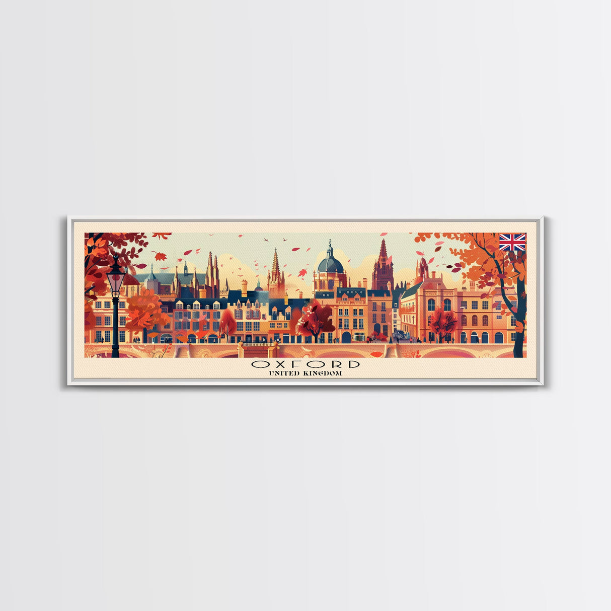 Oxford United Kingdom Panoramic Travel Poster, Framed Canvas Print or Metal Wall Art, Travel Art, Home Decor, Panoramic Painting, Midcentury Art