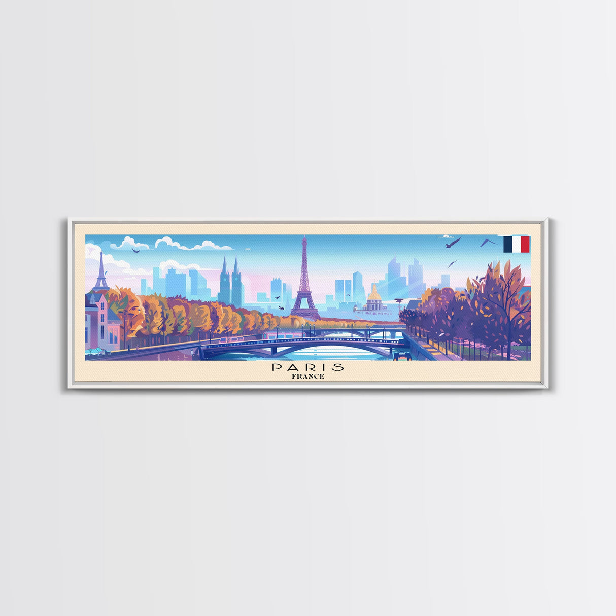 Paris France Panoramic Travel Poster, Framed Canvas Print or Metal Wall Art, Travel Art, Home Decor, Panoramic Painting, Midcentury Art