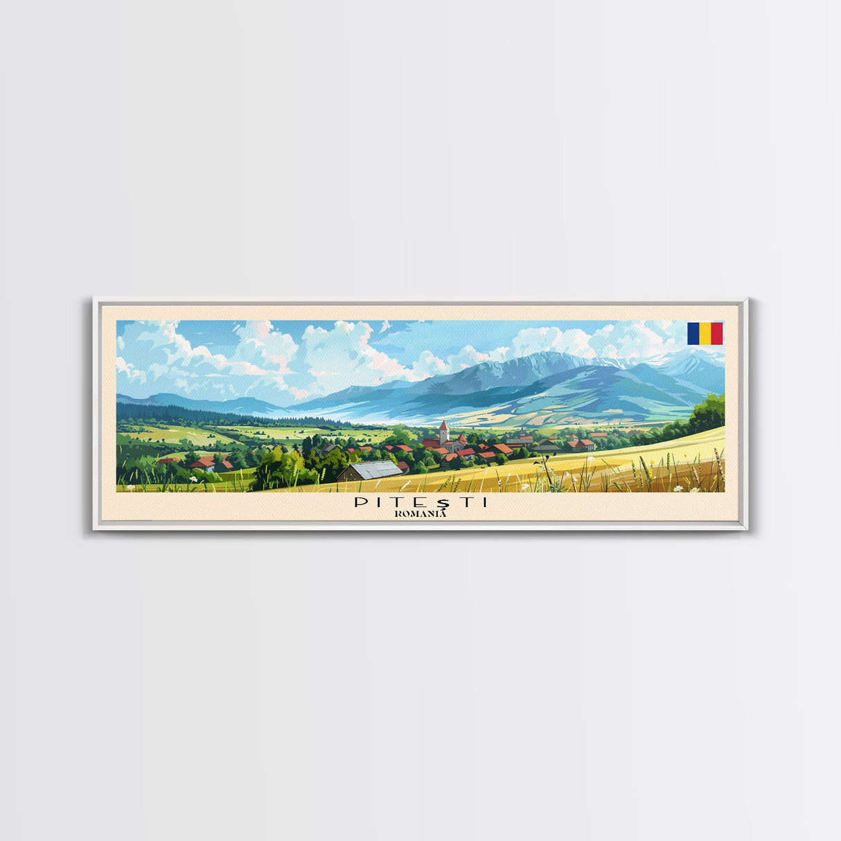 Pitesti Romania Panoramic Travel Poster, Framed Canvas Print or Metal Wall Art, Travel Art, Home Decor, Panoramic Painting, Midcentury Art