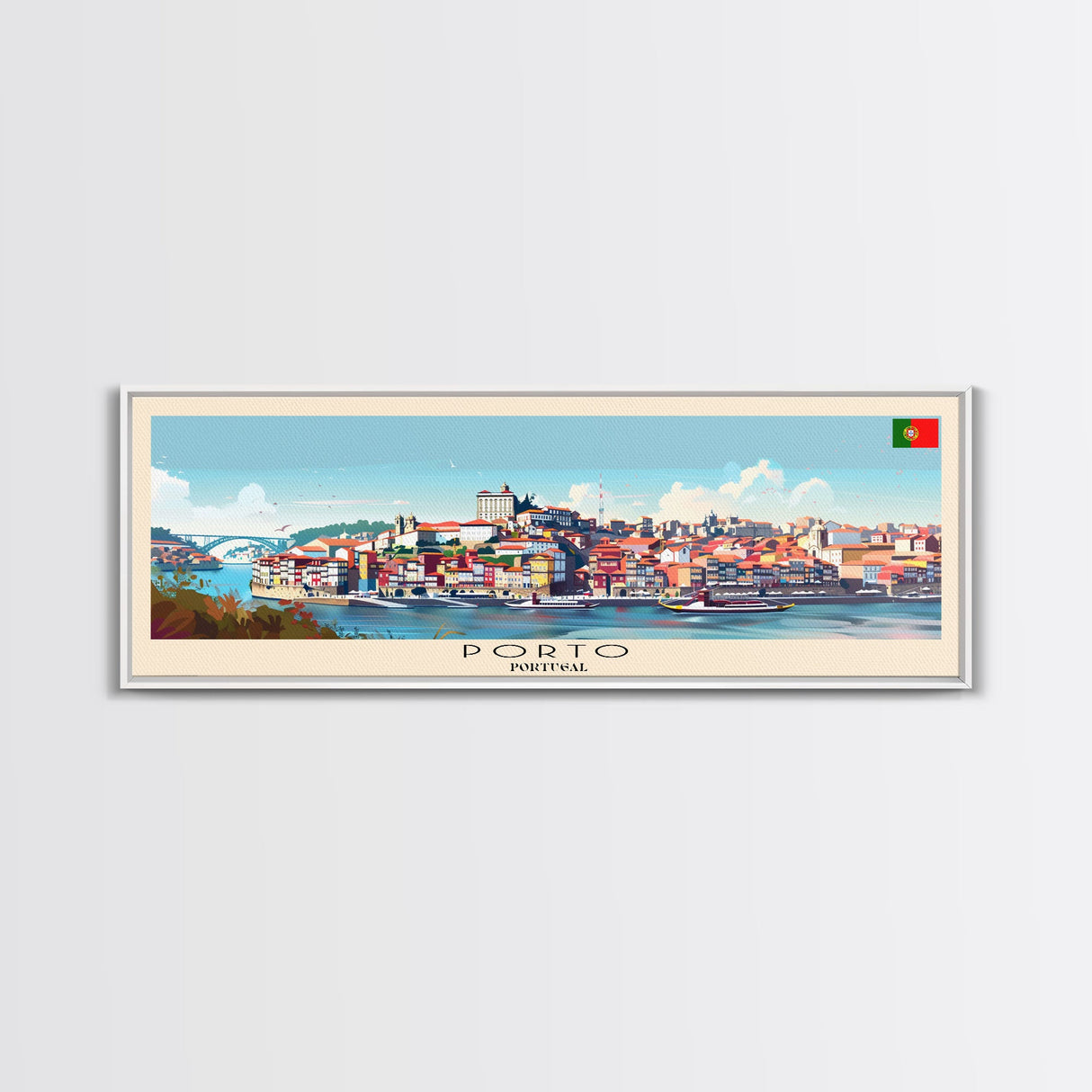 Porto Portugal Panoramic Travel Poster, Framed Canvas Print or Metal Wall Art, Travel Art, Home Decor, Panoramic Painting, Midcentury Art