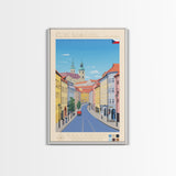 České Budějovice Czech Republic Travel Poster Framed Canvas Print, Midcentury Modern Art, Pop Art Decor, Living Room Wall Art