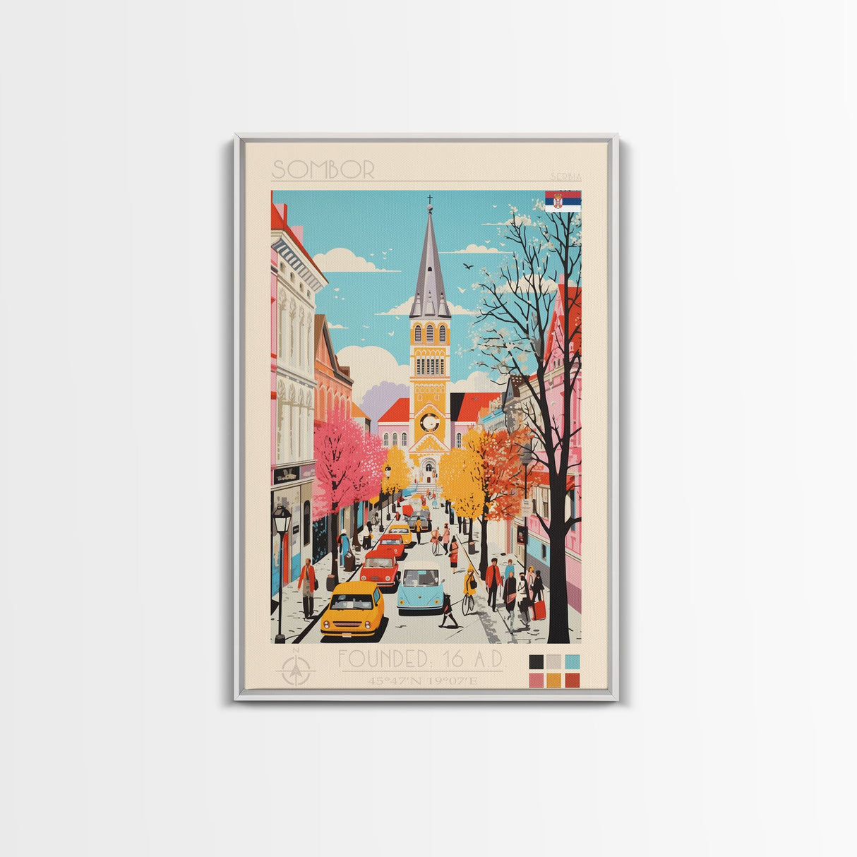 Sombor Serbia Travel Poster Framed Canvas Print, Midcentury Modern Art, Pop Art Wall Decor, Scenic Wall Art, Office Decoration