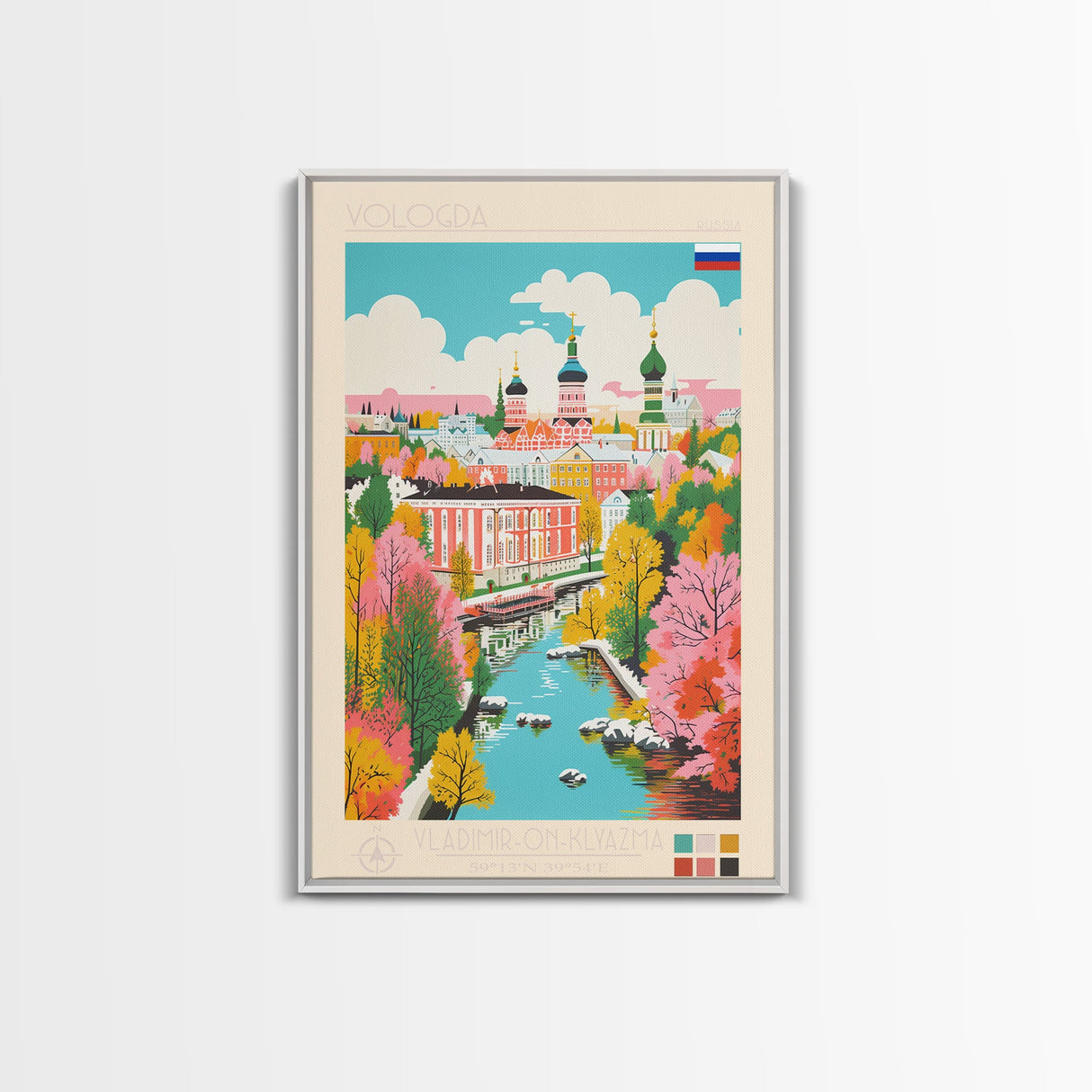 Vologda Russia Travel Poster Framed Canvas Print, Midcentury Modern Art, Pop Art Wall Decor, Living Room Art, Home Decoration