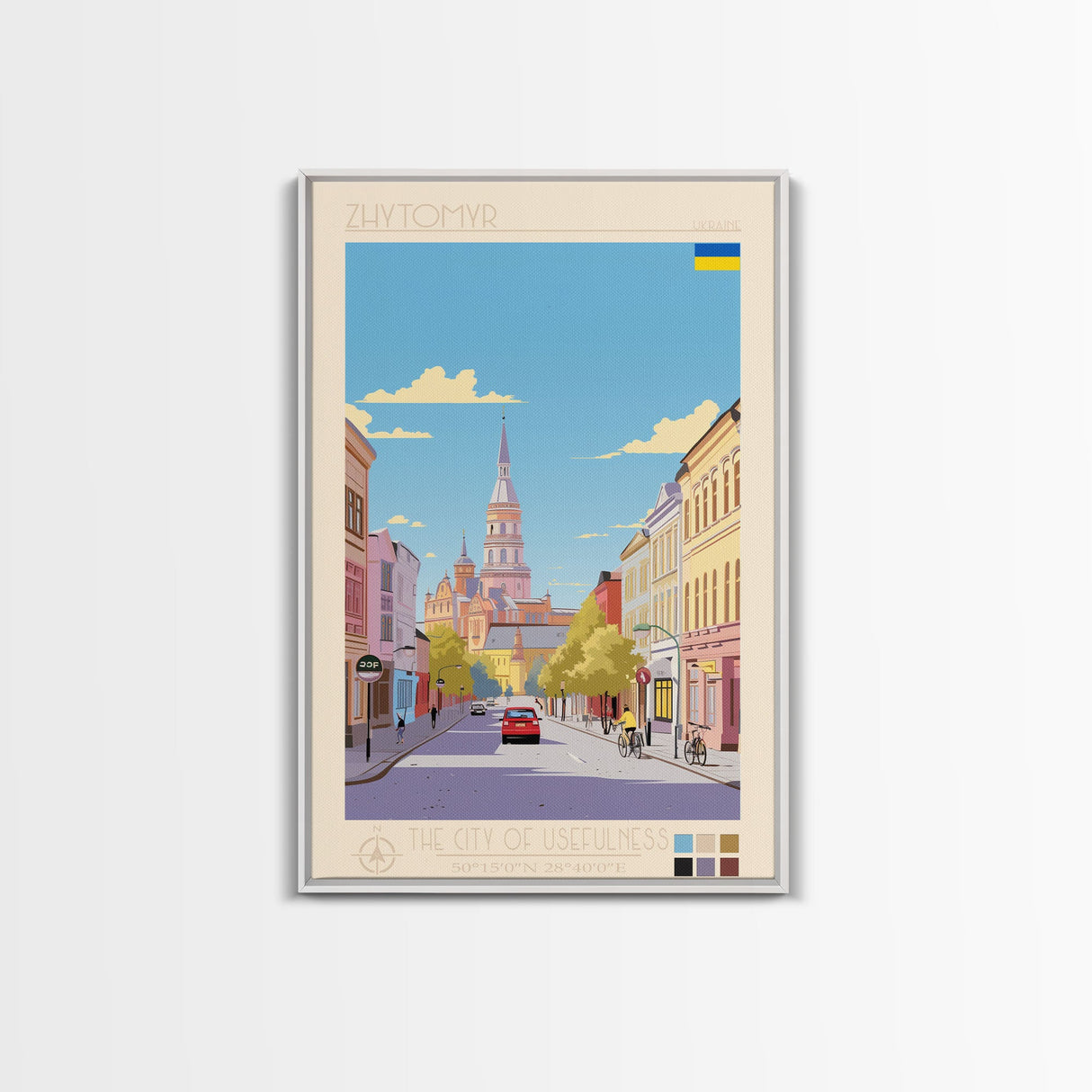 Zhytomyr Ukraine Travel Poster Framed Canvas Print, Midcentury Modern Art, Pop Art Wall Decor, Living Room Art, Home Decoration