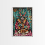 A demon eating some hot wings - hope he didn't sell his soul for them they look pretty good! Halloween Wall Art Framed Canvas