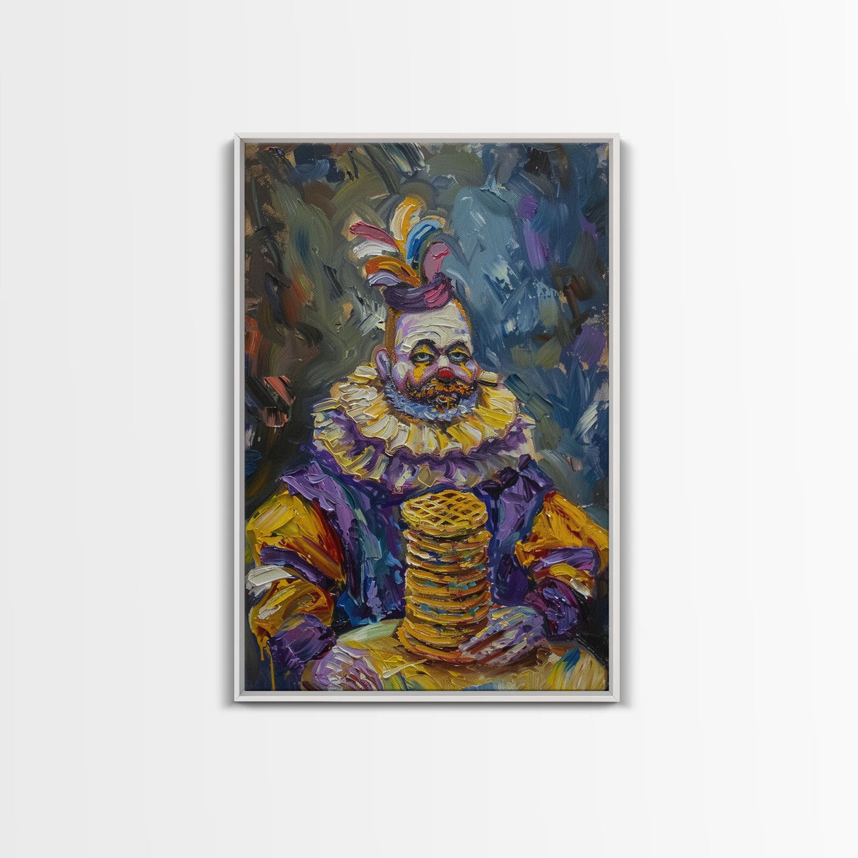 Whimsical Clown with Pancakes Framed Canvas Print | Halloween Circus Art | Spooky Clown Decor | Fun Circus Clown Art for Home Decoration