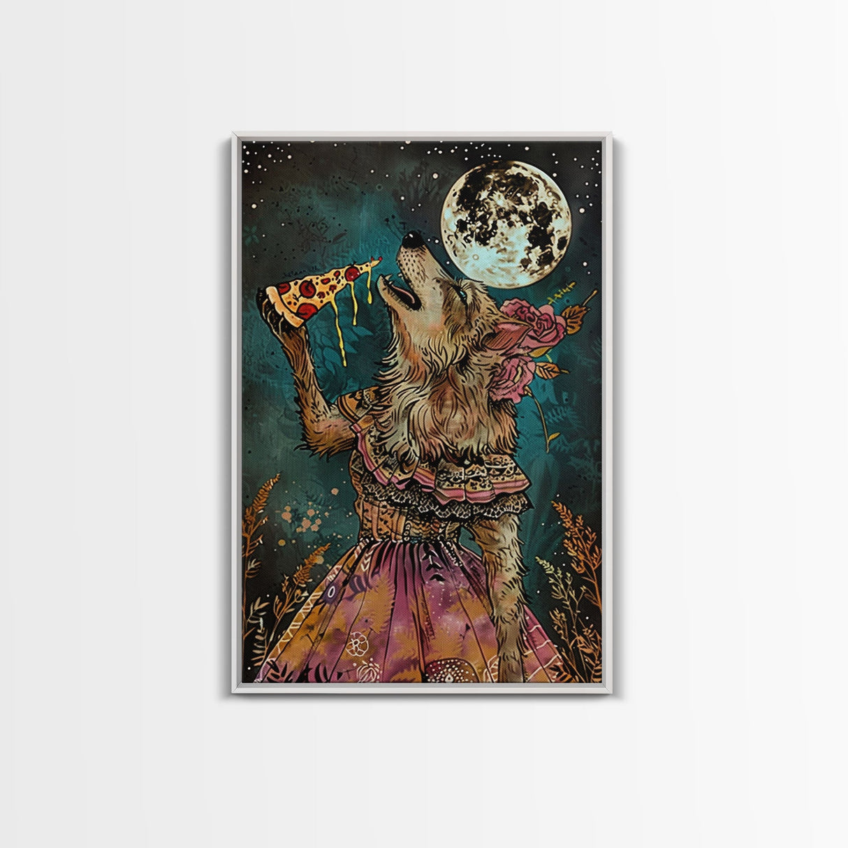 Werewolf Devouring a Pizza in a Colorful Halloween Setting, Bringing a Mix of Horror and Humor to Your Spooky Wall Art Collection