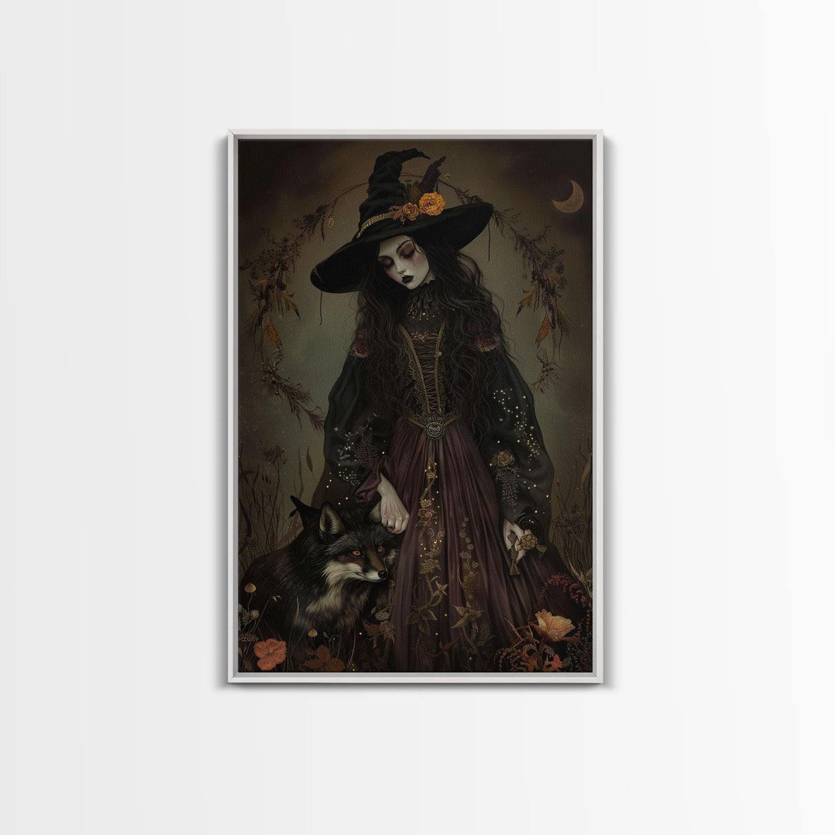 Witch and Fox Framed Canvas Print, Melancholic Witch Painting, Halloween Decor, Witchy Art, Spooky Vibes, Moody Decor