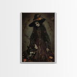 Witch and Fox Framed Canvas Print, Melancholic Witch Painting, Halloween Decor, Witchy Art, Spooky Vibes, Moody Decor