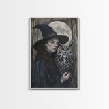 Witch with Wise Owl Under Full Moon, Framed Canvas Print, Mystical Witchcraft Art, Witch and Owl, Spooky Home Decor, Halloween Wall Art