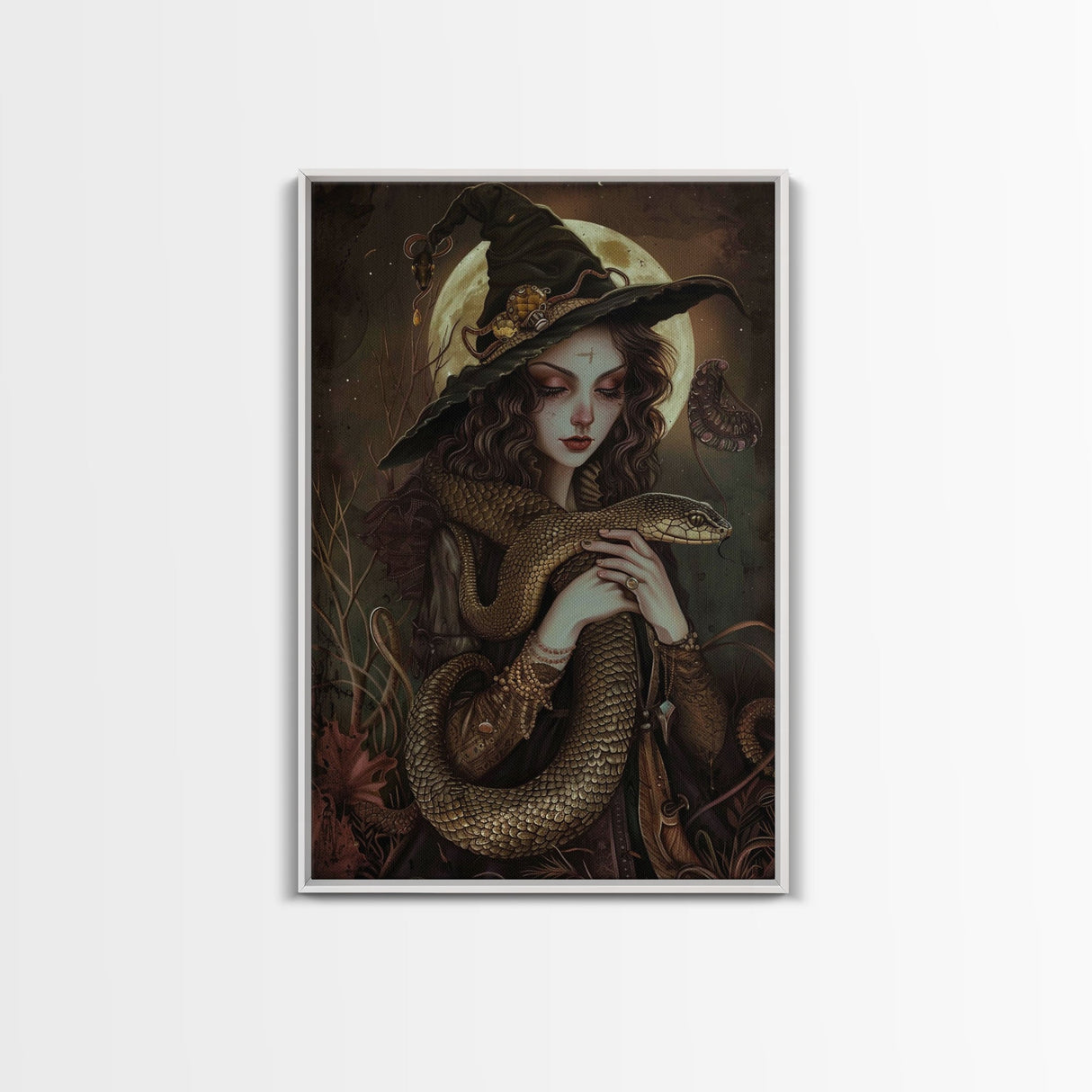 Witch Holding Snake under Full Moon - Dark Forest Sorcery Gothic Art Framed Canvas Print, Halloween Witchy Decor