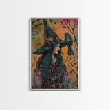 Witch with Raven in Autumn Forest - Dark Enchantment Mystical Gothic Art Framed Canvas Print, Halloween Home Decor