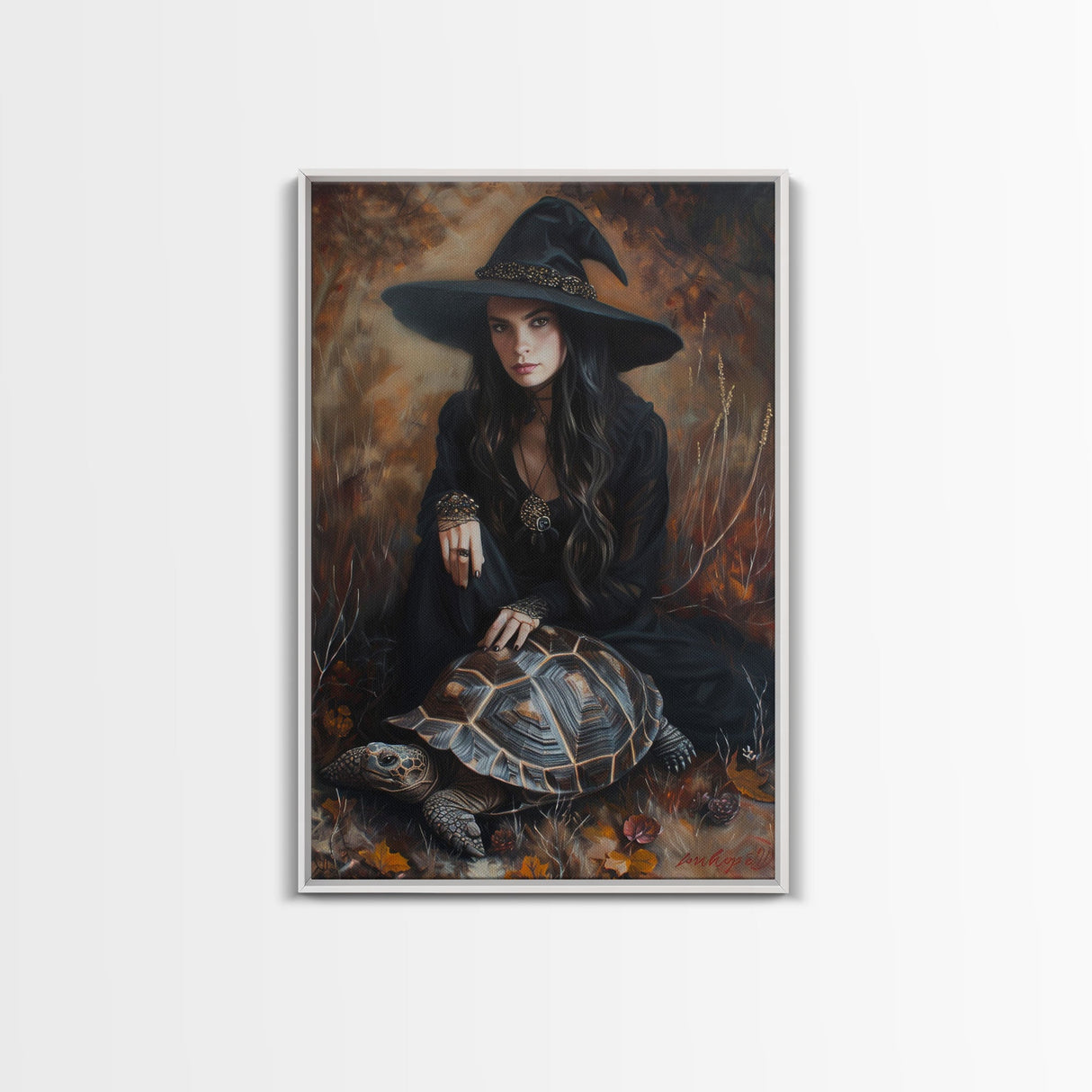 Witch with Mystical Elements - Halloween Art, Gothic Art, Spooky Decor, Dark Magic Art, Bewitching Portrait, Framed Canvas Print