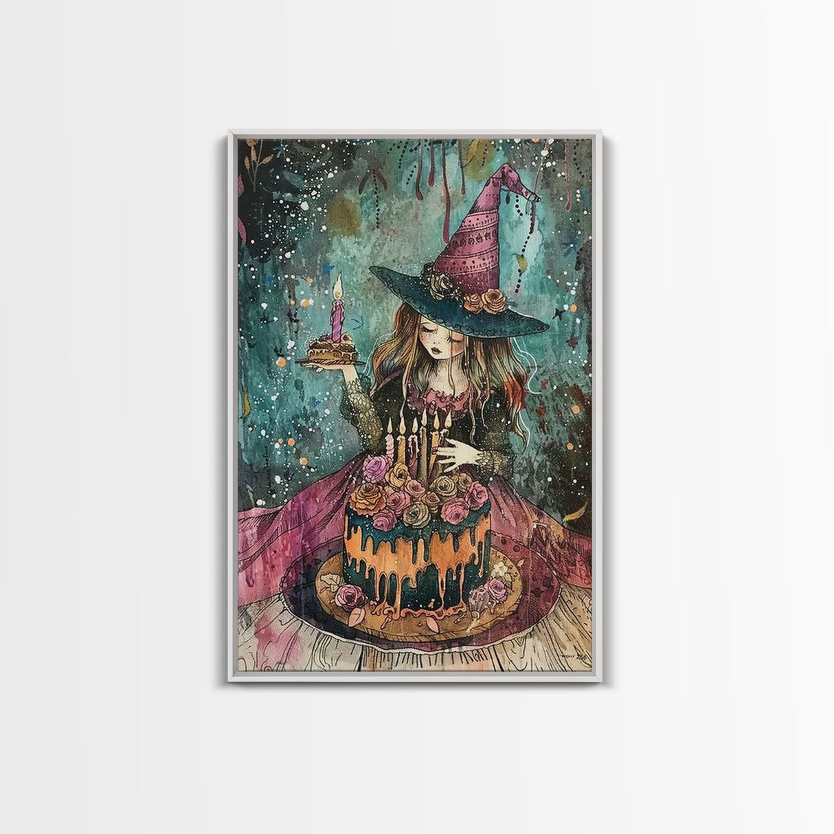 Witchy Birthday Party For One, Framed Canvas Print, Melancholy Witch Halloween Art