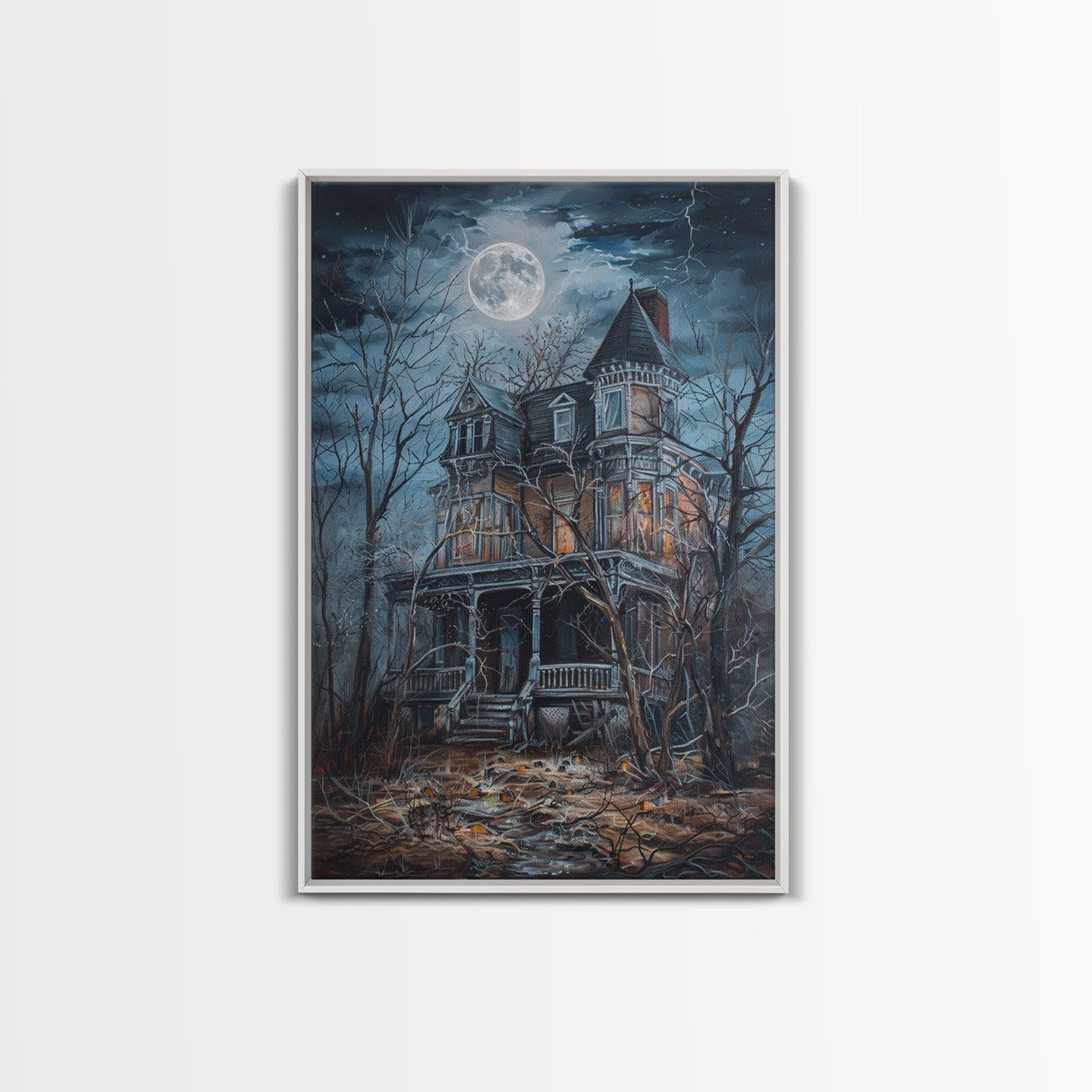 Abandoned House Under Moon Full Halloween Art, Spooky Mansion, Haunted Home, Creepy Decor, Gothic Artwork, Framed Canvas Print