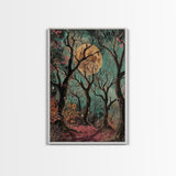 Witchy Woodland Path Framed Canvas Print, Halloween Enchanted Forest Art, Spooky, Haunted Path Decor, Mystical Artwork, Framed Canvas Print