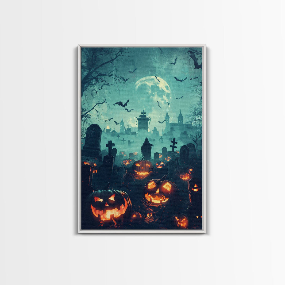 Bats and Jack-O-Lanterns Framed Canvas Print, Halloween Wall Art, Haunted Graveyard, Home Decor, Spooky Art, Living Room Decor, Gothic Art