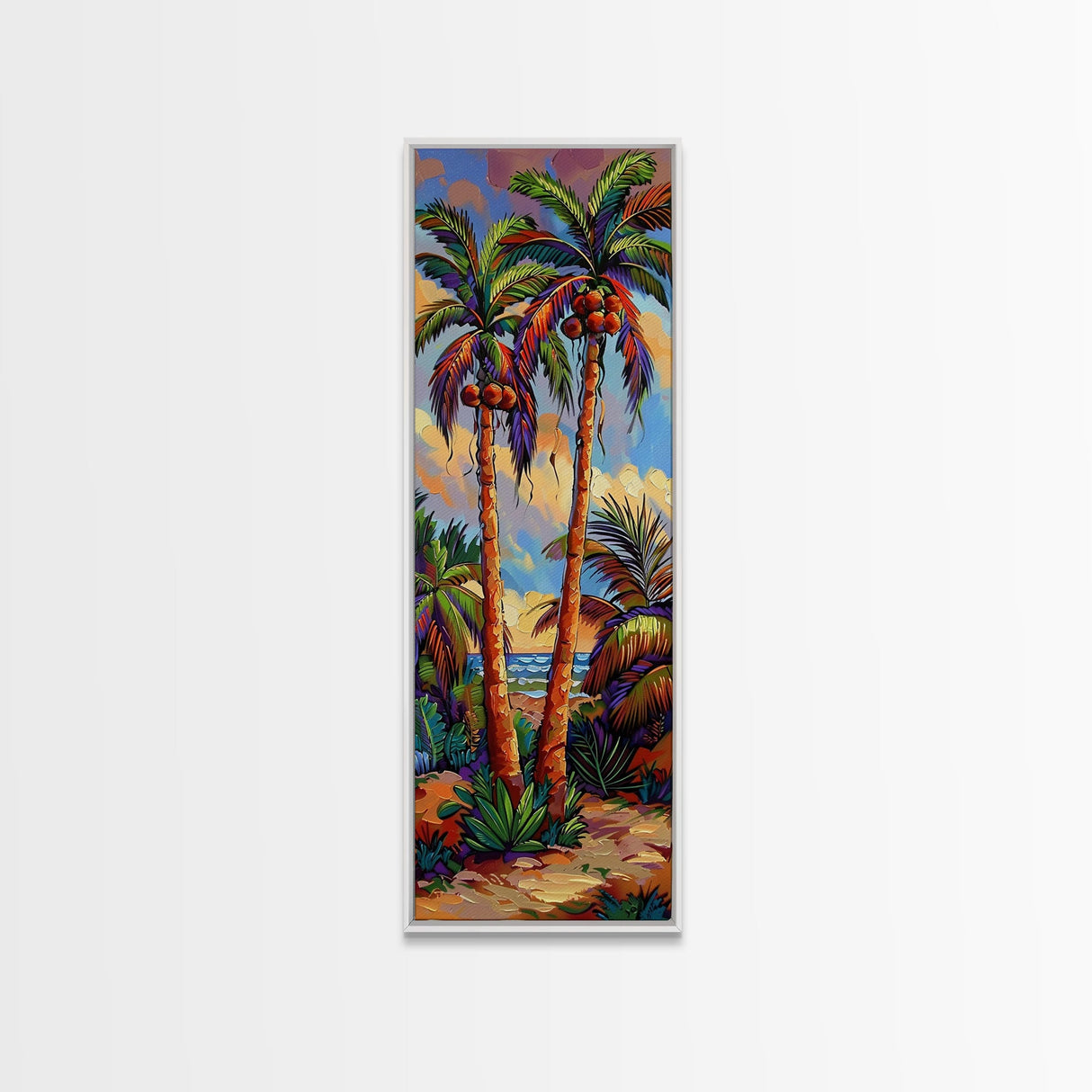 Abstract Canvas Painting of Beach Landscape, Palm Tree Art Print, Tall and Narrow Canvas Art of Ocean, Beachy Wall Art for Living Room