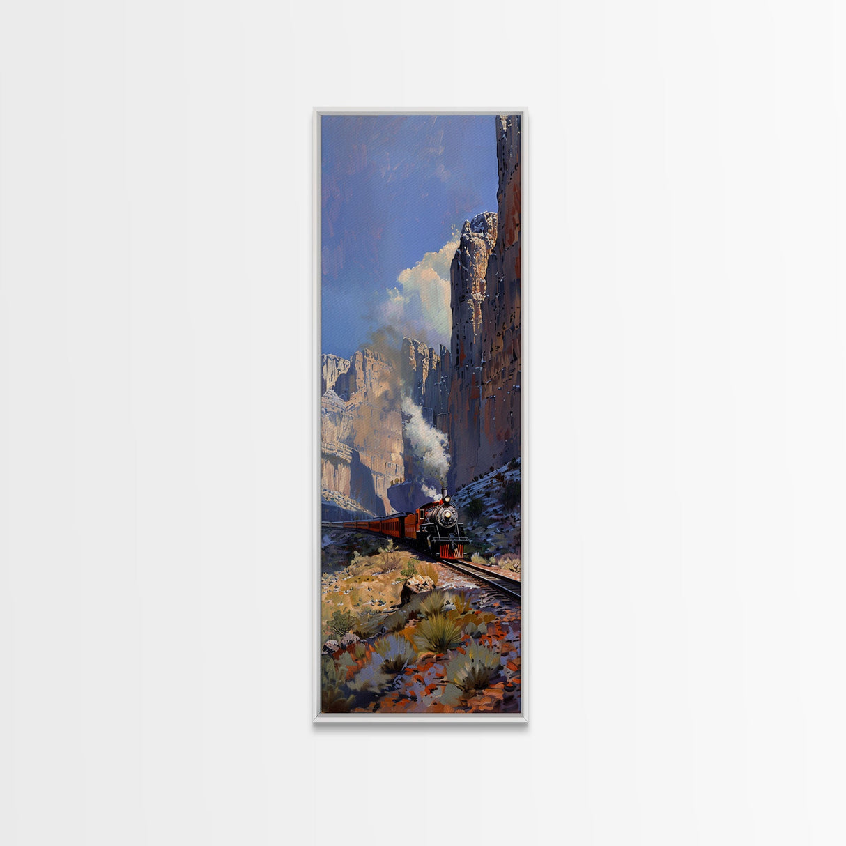 Wild West Art Print of Train in Mountains, Vertical Art, Landscape Art, Western Art, Narrow Wall Art Framed on Canvas, Desert Botanical Art