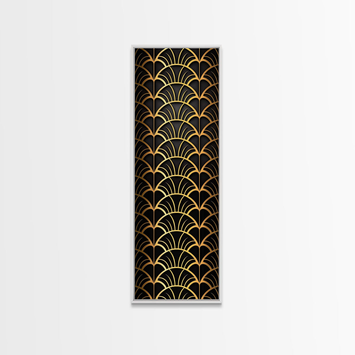 Abstract Gold Geometric Pattern on Black Background - Framed Canvas Print, Art Deco Style, Skinny Art, Tall Art, Midcentury Modern Art, Living Room Wall Decor