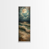 Mystical Moonlit Waves and Reflections Over the Ocean, Skinny and Tall Art, Captivating Landscape Painting, Framed Canvas Print, Wall Decor