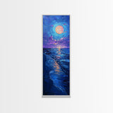 Vibrant Night Sky Over the Ocean with Full Moon, Skinny and Tall Art, Bold and Colorful Framed Canvas Print, Landscape Wall Art